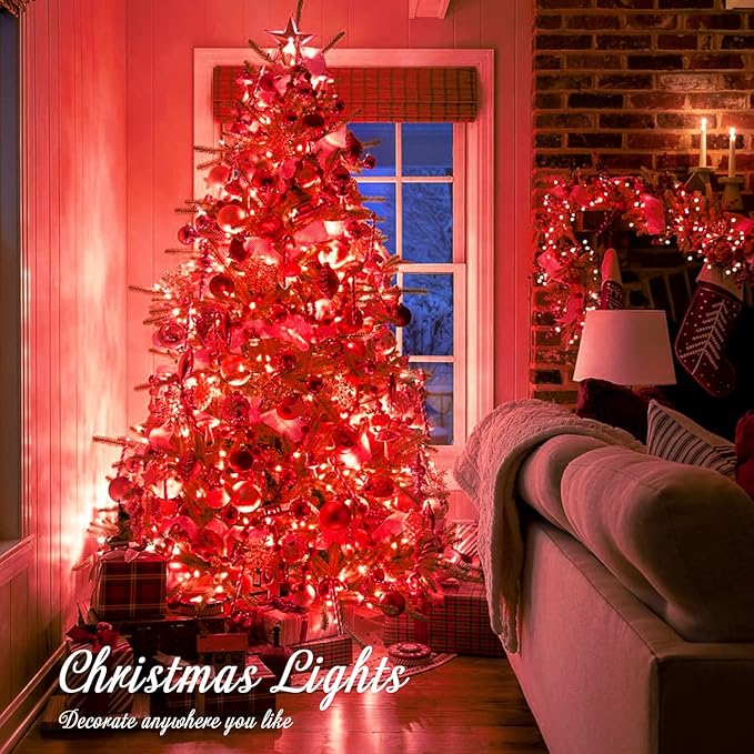 JMEXSUSS 33ft 100 LED Red Battery Operated Lights with Remote, Red Christmas Lights Battery Operated, Christmas String Light Indoor Outdoor for Tree House Yard Xmas Decor