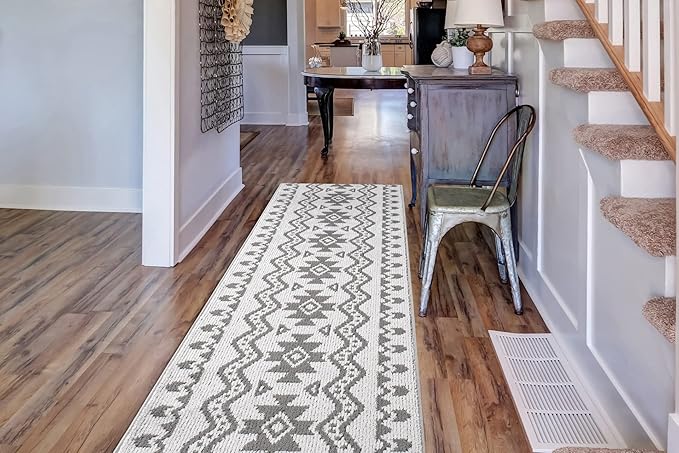 Custom Size Southwestern Style Runner Rug Mat for Wide Hallway Entryway Kitchen Laundry Room with Slip Resistant Latex Rubber Backing, Aztec Light Grey, 31 inch X 20 feet