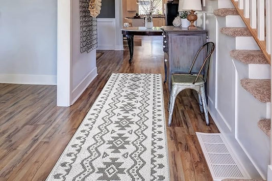 Custom Size Southwestern Style Runner Rug Mat for Wide Hallway Entryway Kitchen Laundry Room with Slip Resistant Latex Rubber Backing, Aztec Light Grey, 31 inch X 20 feet