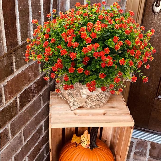 Artificial Mums Fall Flowers for Outdoors Fake Plants, 16 Bundles Faux Eucalyptus Flower Plants UV Resistant No Fade Faux Shrubs Home Garden Thanksgiving Porch Patio Autumn Decoration