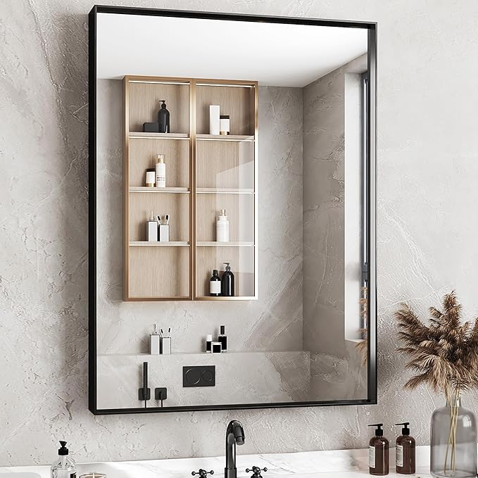 Suidia Bathroom Mirror, 30" x 22" Wall Mirror Metal Framed, Bathroom Vanity Mirror for Living Room Bedroom Bathroom Entryway, Black, Rect Corner Style