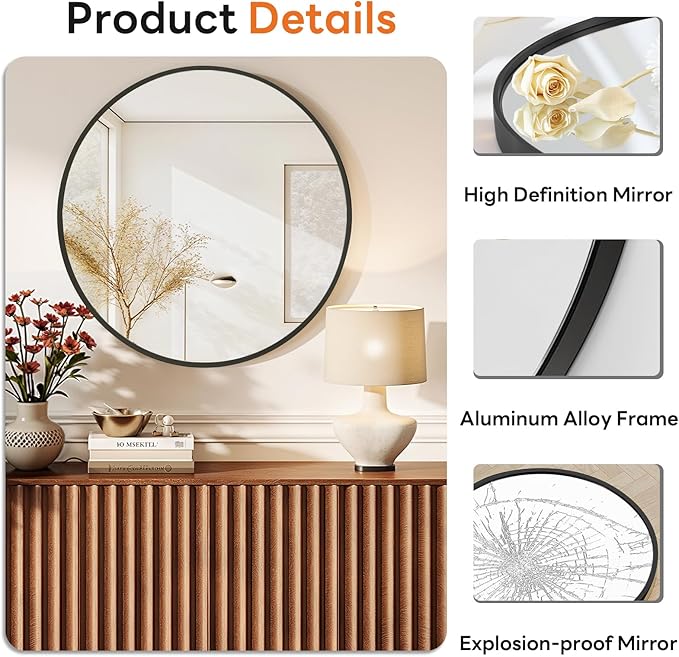 Sweetcrispy Round Bathroom Mirror 30 Inch Black Metal Framed Wall Mounted Circle Vanity Mirror for Bathroom, Bedroom, Living Room, Entryway, Anti-Rust, Modern Decorative, Hanging or Leaning