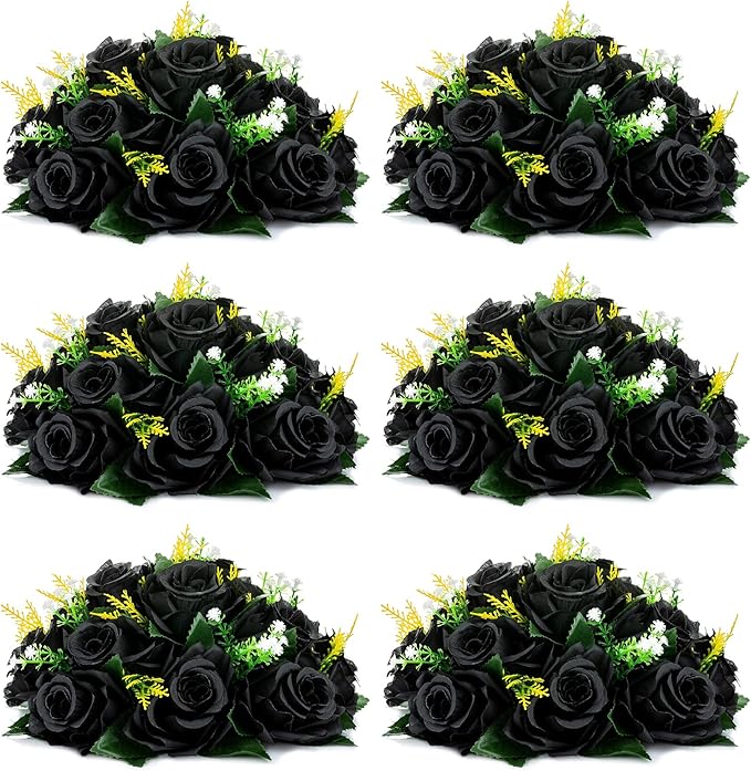 NUPTIO Black Artificial Roses Flowers: 6 Pcs Fake Flower Bouquet Halloween Decorations - 15 Heads Artificial Rose Centerpieces with Base for Gothic Wedding Party Table Decor