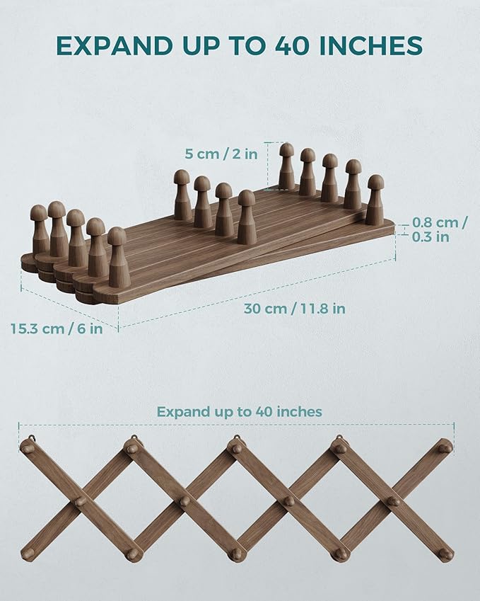 OROPY Wood Accordion Wall Hanger, Expandable Coat Rack Wall Mount with 14 Pegs, Expanding Hat Rack for Wall, X Shape, 27"×10", Walnut Color