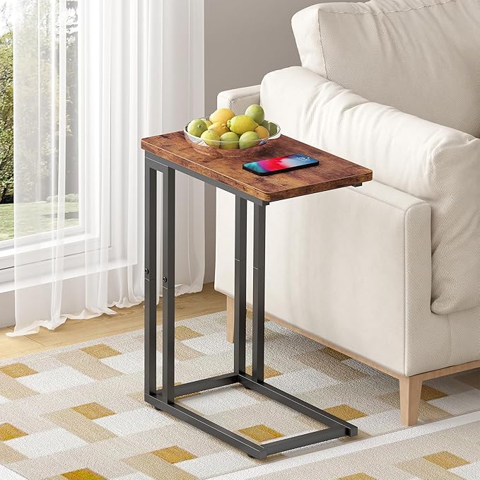 Yusong C Shaped End Table - Slide Under Sofa Couch Bed, Small Table for Small Spaces, Skinny Overbed, Coffee Drink Snack Table for Living Room, Rustic Brown
