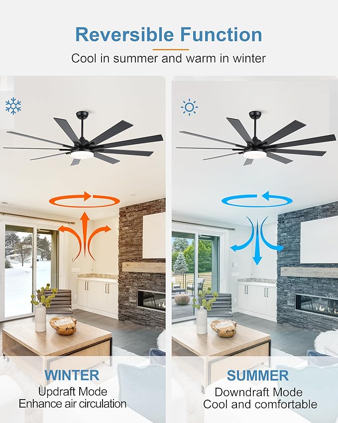 72 Inch Ceiling Fans with Lights,Large Modern Ceiling fan with Remote and 9 Wooden Blades,Dimmable,6 Speeds,Noiseless Reversible Indoor&Outdoor Fan for Bedroom,Patio,Living Room