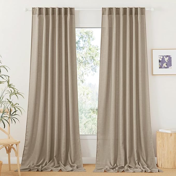 RYB HOME Extra Long Linen Curtains for Dining Room 120 inches Long, Back Tab Farmhouse Light Filtering Privacy Lightweight Floor Sweeping Drapes for Living Room, Khaki, 52" W, 2 Panels