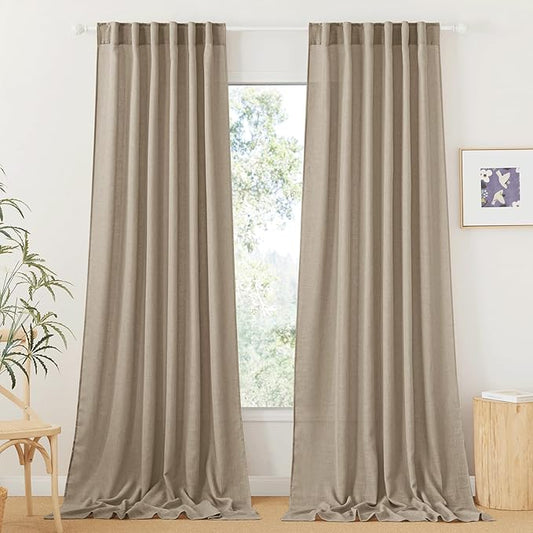 RYB HOME Linen Sheer Curtains for Living Room, Boho Classic Linen Blend Elegant Light Filtering Privacy Protected Panels Ceiling Curtains for Bedroom Gym Room, Khaki, 52" W x 108" L, 2 Panels