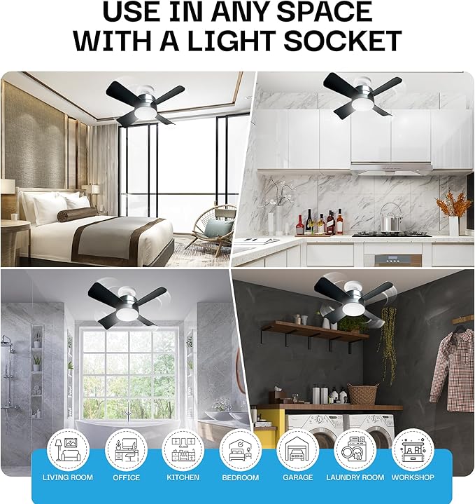 Bell+Howell Socket Breeze Deluxe, Small Ceiling Fan with LED Light and Remote, Adjustable Speeds and Brightness, Light Socket Fan for Bedroom, Kitchen, Living Room, 1000 Lumens