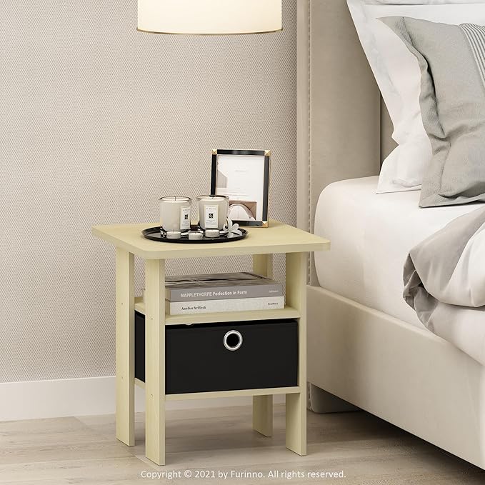 Furinno ANDREY Side Table, End Table, Night Stand with Open Shelves and Storage Bin, Bedside Table, for Living Room, Bedroom, Steam Beech