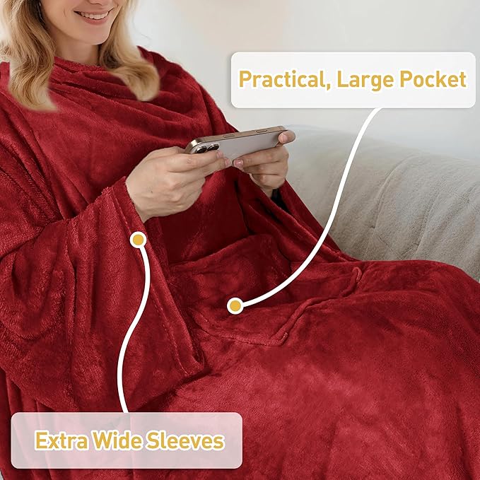 Catalonia Wearable Fleece Blanket with Sleeves and Foot Pockets for Adult Women Men, Micro Plush Comfy Wrap Sleeved Throw Blanket Robe Large, Wine