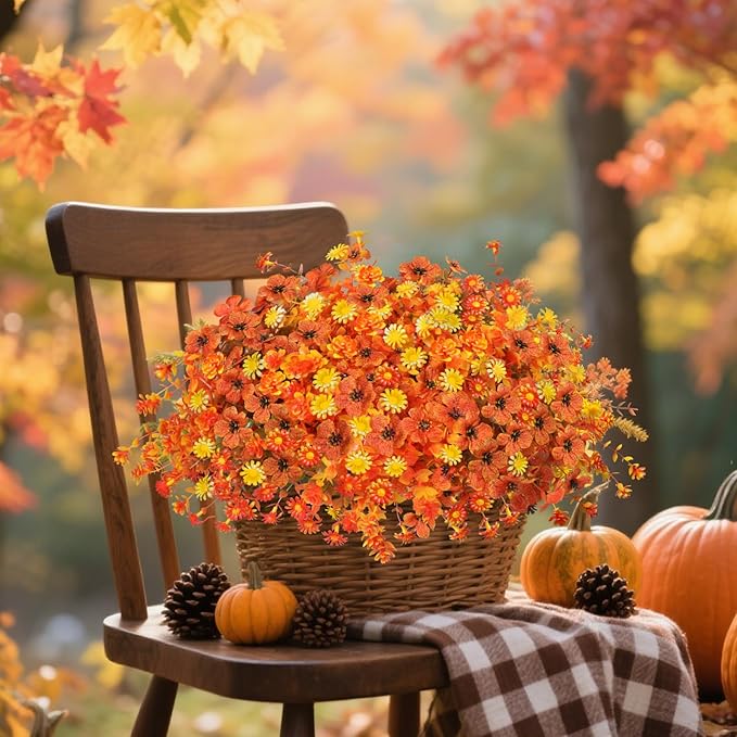 Artificial Fake Mums Flowers Plants for Outdoors Autumn Fall Decoration,16 Bundles Faux mums Mix Silk Glory UV Sun Resistant, Realistic Fall Flowers for Planter Porch Patio Yard Balcony Home Decor