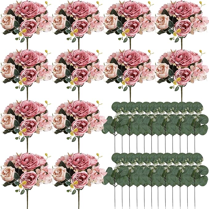 Peony Artificial Flowers, Faux Peonies Hydrangea Eucalyptus Bouquet 12 Packs Silk Vintage Realistic Peony Floral Arrangement for Wedding Centerpiece Table Vase Home Party Decor-Dusty Pink
