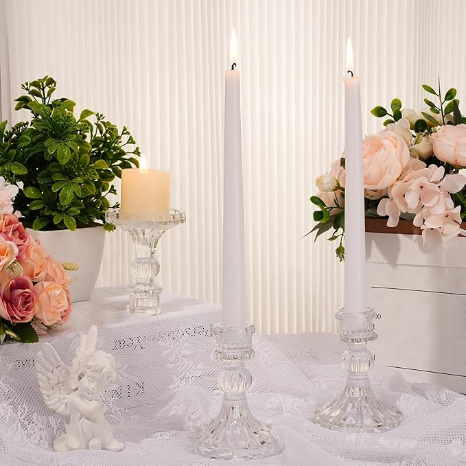 Suclain 24 Pcs Glass Taper Candle Holder Sets 12 Candlestick Holder with 12 White Long Candles for Wedding Party Decor Dinner Decoration(Clear)