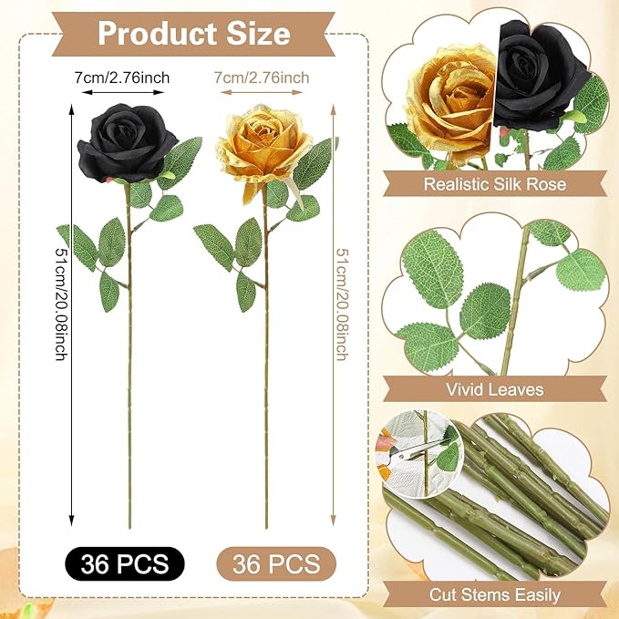 72 Pcs Artificial Roses Gold, Black Fake Silk Roses Realistic Roses Faux Flower Indoor Wedding Home Decor, Birthday Decorations