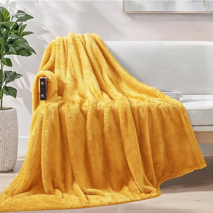 Exclusivo Mezcla Plush Fuzzy Fleece Throw Blanket Extra Large, Super Soft, Fluffy and Warm Blankets for Couch, Bed, Suitable for All Seasons (50x70 Inches, Mustard Yellow)