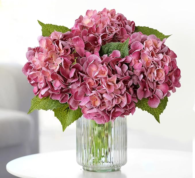 Magenta Pink Hydrangea Artificial Flowers, 4Pcs 21” Latex Real Touch Flowers, Full Faux Silk Flowers Fake Artificial Hydrangeas with Stems for Bouquet Table Centerpieces Wedding Baby Showers