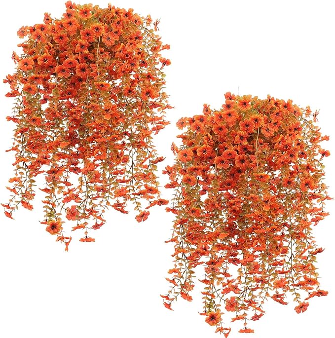 12 Pcs Artificial Hanging Mums Flowers Outdoor, Orange UV Resistant Fake Hanging Fall Plants for Outdoor Planter Patio Front Door Window Autumn Decoration (12, Orange)