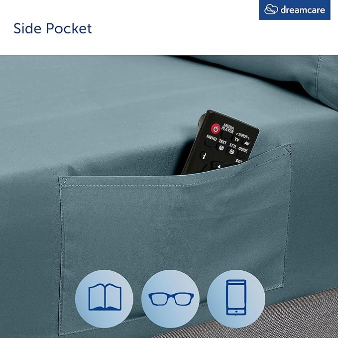 DREAMCARE Queen Size Sheets - Cooling Bed Sheets - 4pcs Set - up to 15" Deep Pocket Queen Sheet Set - Sheets Queen Size Bed - Soft & Long Lasting 100% Fine Microfiber with Side Pocket - Mineral Blue