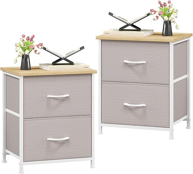 Somdot Nightstand Set of 2, Small Dresser for Bedroom with 2 Drawers, Bedside Table Night Stand End Table with Fabric Bins for Bedroom Kids Closet Dorm Guest Room, Ash Grey