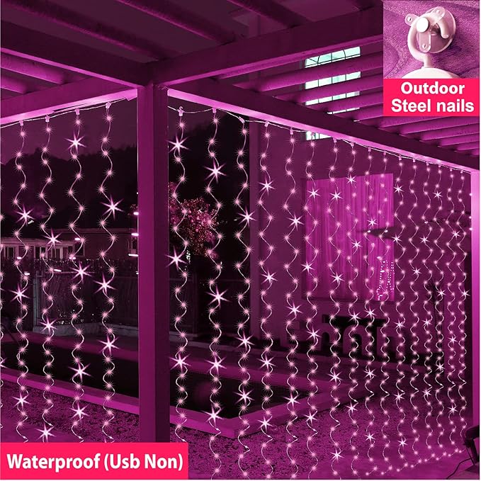 ZSJWL 300 LED Pink Curtain Fairy Lights with Remote, 8 Modes 9.8 × 9.8 Ft Waterproof USB Plug in Copper Wire Lights for Bedroom Window Chrismas Wedding Party