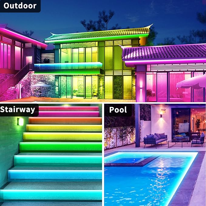 200Ft Outdoor Waterproof LED Strip Lights,Music Sync RGB IP68 Led Lights with App and Remote Control,Color Changing Waterproof RGB Exterior Rope Self Adhesive Back,Balcony,Roof,Garden,Party