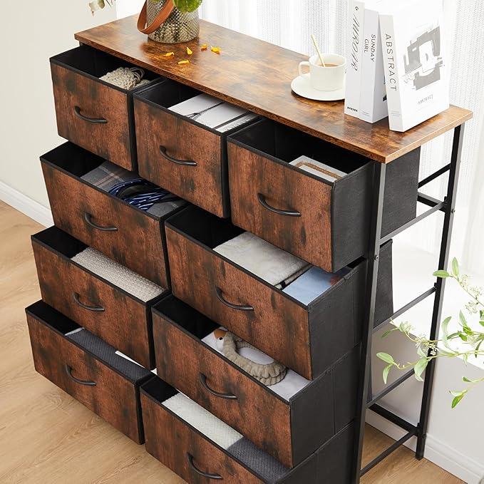 DUMOS Dresser for Bedroom, Storage Organizer with 9 Drawers, Chest of Drawers with Fabric Bins, Sturdy Metal Frame, Wood Tabletop for Guest Room, Closet, Entryway, Nursery