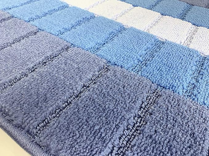 Custom Size Coastal Nautical Style Runner Rug Carpet for Hallway Entryway, Slip Resistant Latex Rubber Backed, 31 inch Wide X Customized Length, Squares Blue, 31 inch X 35 feet