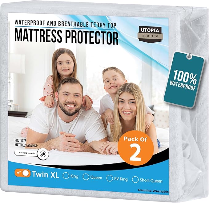 Utopia Bedding Waterproof Mattress Protector Twin XL Size 2 Pack, 200 GSM Breathable Terry Mattress Cover, Fitted Style with Stretchable Pockets (White)