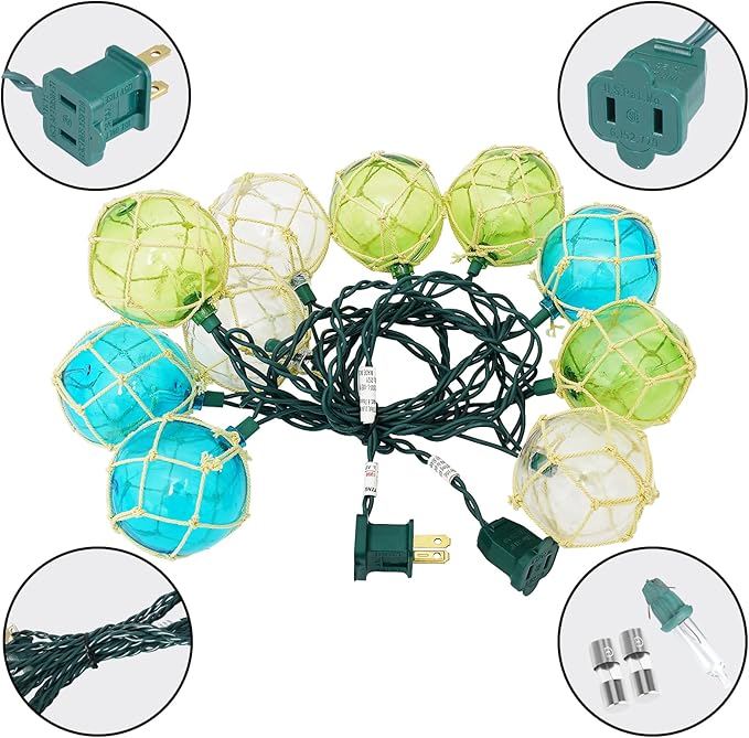 LIDORE Indoor String Light 10 Nautical Fishing Floats Coastal Buoy Beach Theme Decoration for Bedroom Bathroom Window Christmas Tree, 7.92Ft Indoor Outdoor Use