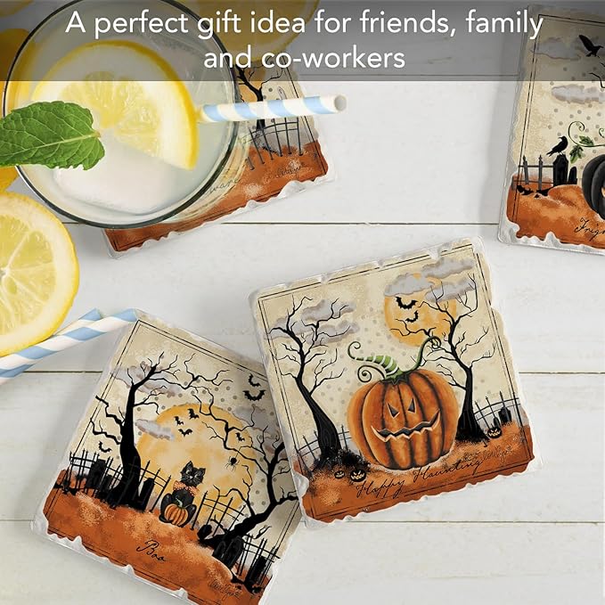 Thirstystone Haunted Valley 4 Pack Assorted Tumbled Tile Stone Coasters with Protective Cork Backing 4" Square Manufactured in The USA