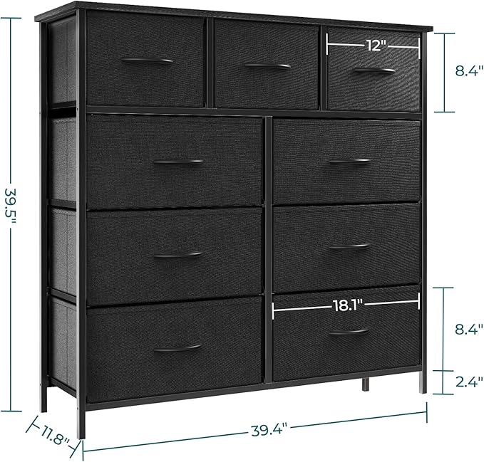 OLIXIS Dresser for Bedroom, 9 Storage Drawers, Wide Fabric Closet Chests Organizer Tower Furniture, TV Stand with Wooden Top Metal Frame for Clothes, Living Room, Hallway, Entryway, Black