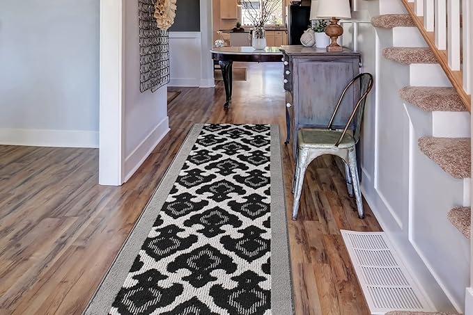 Custom Length Cut to Size Fleur de Lis Inspired Carpet Runner Rug for Hallways, Non Slip Rubber Backed, 31 inch Wide X Customized Length, Royal Grey, 31 inch X 5 feet