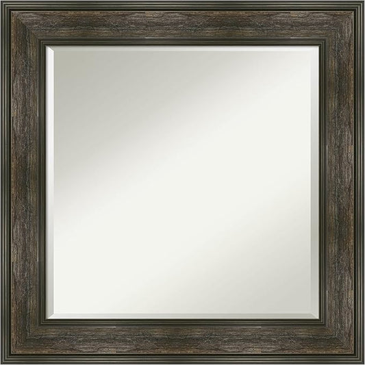 Amanti Art Brown Bathroom Mirror for Over Sink, 26x26 Rail Rustic Char Square Vanity Mirror, Medium Country Rustic Frame, Hangs Horizonally and Vertically, Bathroom Wall Decor, Beveled Edge