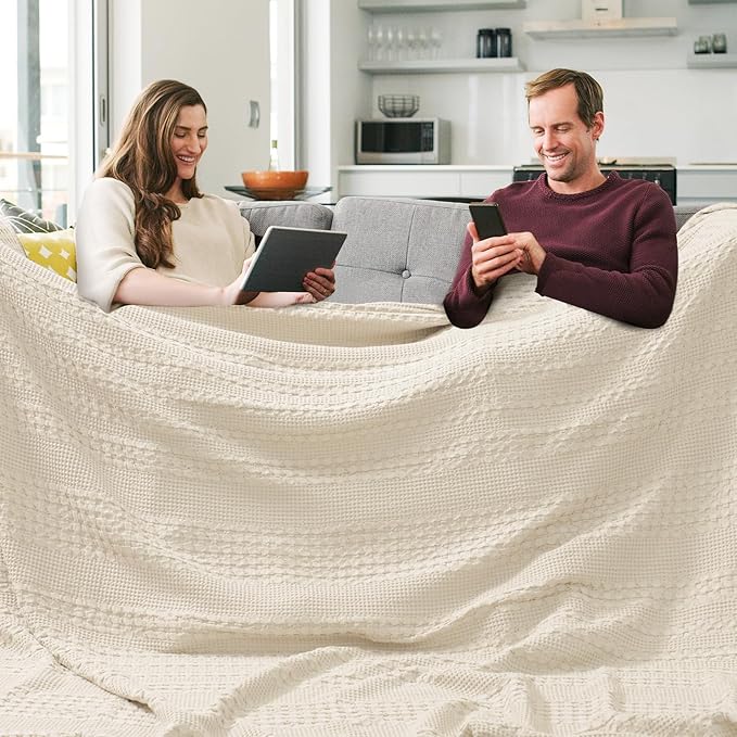 PHF 100% Cotton Waffle Blanket Oversized King 120"x120", Lightweight Breathable Extra Large 10'x10' Blankets for Bed, Giant Big Luxury Aesthetic Woven Bedding for Home Decor, Natural