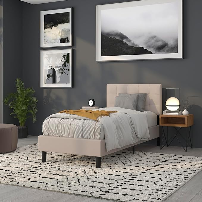 Flash Furniture Bedford Box Stitch Tufted Upholstered Twin Size Headboard in Beige Fabric