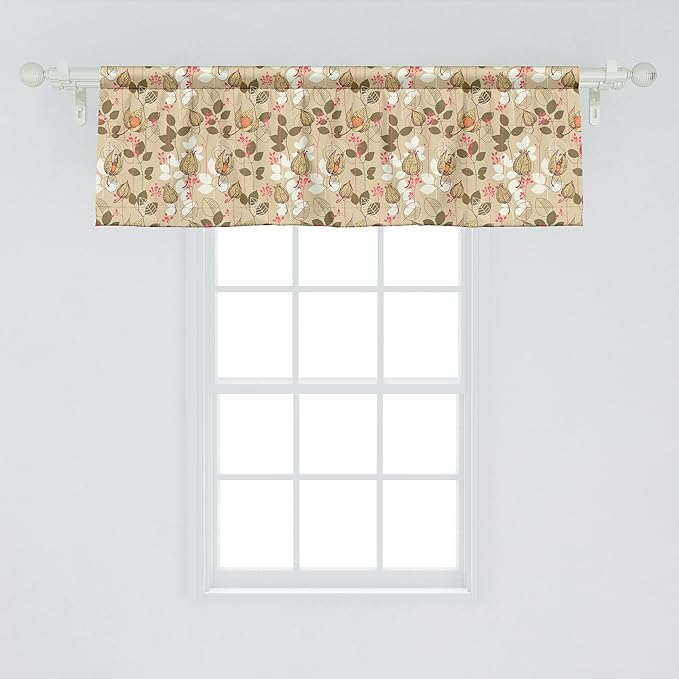 Ambesonne Autumn Window Valance, Seasonal Fruits and Leafs Vintage Botanical Print Soft Brown Toned Backdrop, Curtain Valance for Kitchen Bedroom Decor with Rod Pocket, 54" X 18", Sepia Multicolor
