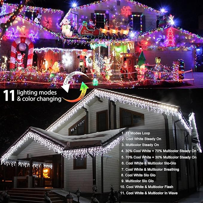 Brizled Color Changing Icicle Lights, 29ft 360 LED Christmas Icicle Lights with Remote, 11 Modes Cool White & Multicolor Xmas Lights for Xmas Wedding Home