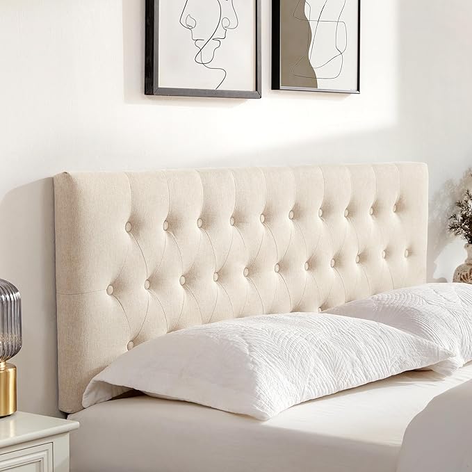 Tufted Upholstered Headboard King Size, Solid Wood Head Board with Durable Metal Legs, Adjustable Height Bed headboard from 37” to 51” Fabric Headboard in Modern Button Design, Beige