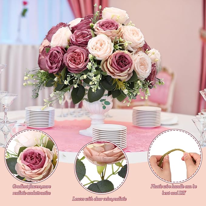 Geosar 16 Bundles Artificial Peonies Flowers Fake Silk Peony Bouquet Faux Peonies Flowers Bulk for Decoration Vase Floral Arrangements Wedding Party Table (Dusty Pink,Dusty Rose)
