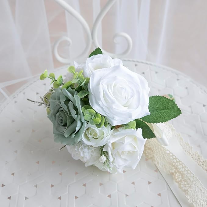 White Wedding Bouquets for Bride Bridesmaid, Artificial Sage Green Bride Flower Bouquet for Wedding Church Decoration Ceremony, Anniversary, etc, Roses Flowers