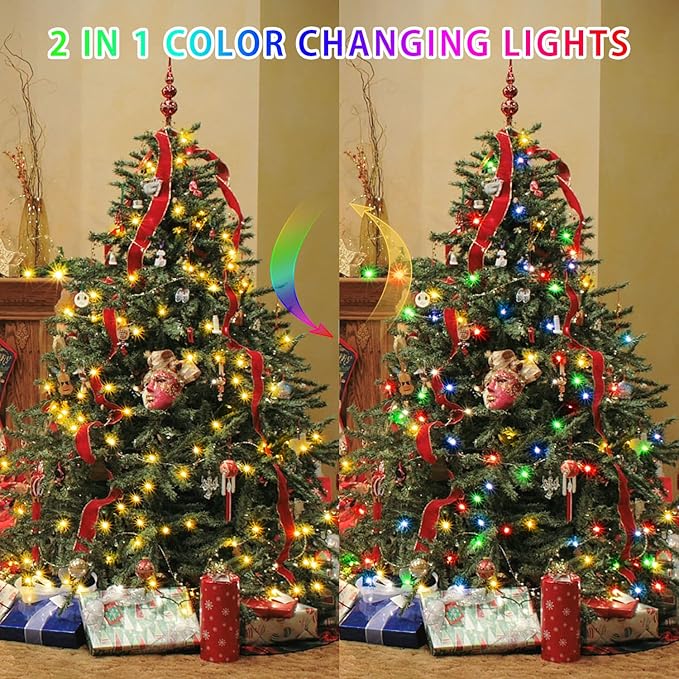 JMEXSUSS 2 Pack Color Changing Fairy Lights Battery Operated, Total 200 LED 66ft Color Changing Christmas Lights with Remote, 8 Modes Twinkle String Lights for Bedroom Decor, Warm White & Multicolor