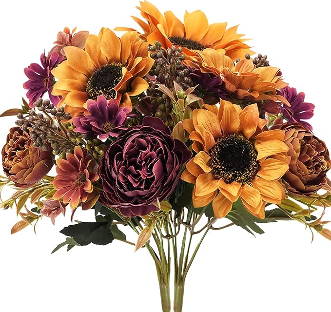 GTIDEA 2 Bundles Fall Flowers Bouquet Vintage Artificial Flowers Fake Sunflowers with Silk Peonies Orange Autumn Flowers for Home Table Centerpieces Wedding Festival Party Decor