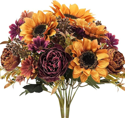 GTIDEA 2 Bundles Fall Flowers Bouquet Vintage Artificial Flowers Fake Sunflowers with Silk Peonies Orange Autumn Flowers for Home Table Centerpieces Wedding Festival Party Decor