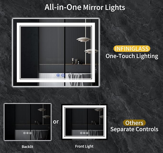 72"x36" LED Bathroom Mirror with Anti-Fog, Stepless Dimmable Lights, 3 Color Modes, Shatter-Proof Tempered Glass, Memory Function & Waterproof Design