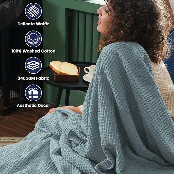 PHF 100% Cotton Waffle Weave Throw Blanket，Pre-Washed Snag Proof Lightweight Breathable Moisture-Wicking for Layering in Cold Weather for Couch Bed,Machine Washable,Home Decor Gift-Ocean