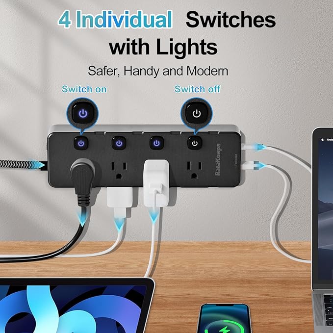 Surge Protector Power Strip 10 Ft - 8 Widely AC Outlet 4 USB Ports(2 USB C), Flat Plug Extension Cord with Multiple Outlets, Individual Switches, Desk Extender for Dorm, Home, Office Essentials, 1400J