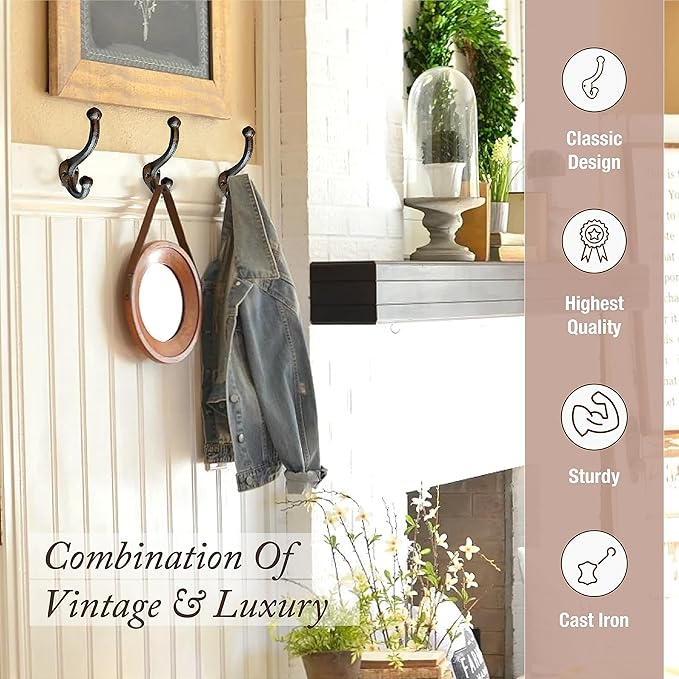 Rustic Cast Iron Coat Hooks (5 Pack) Wall Mounted Farmhouse Decorative Wall Hooks, Vintage Hooks for Hanging Coats, Bags, Hats, Towels (Antique Black, Includes Hardware)