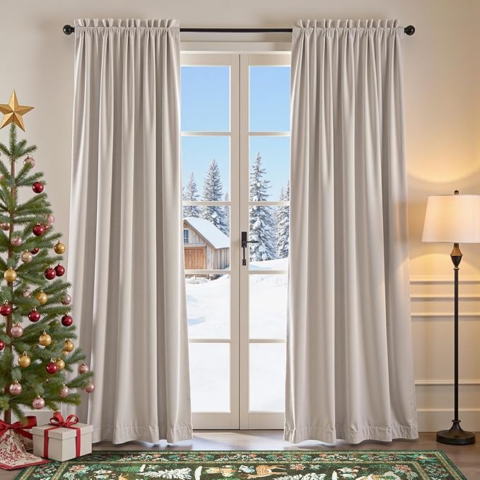 Lazzzy Velvet Blackout Curtains Thermal Insulated Room Window Drapes Super Soft Luxury Curtains for Living Room Bedroom Rod Pocket 2 Panels, Oatmeal, 52" W x 108" L