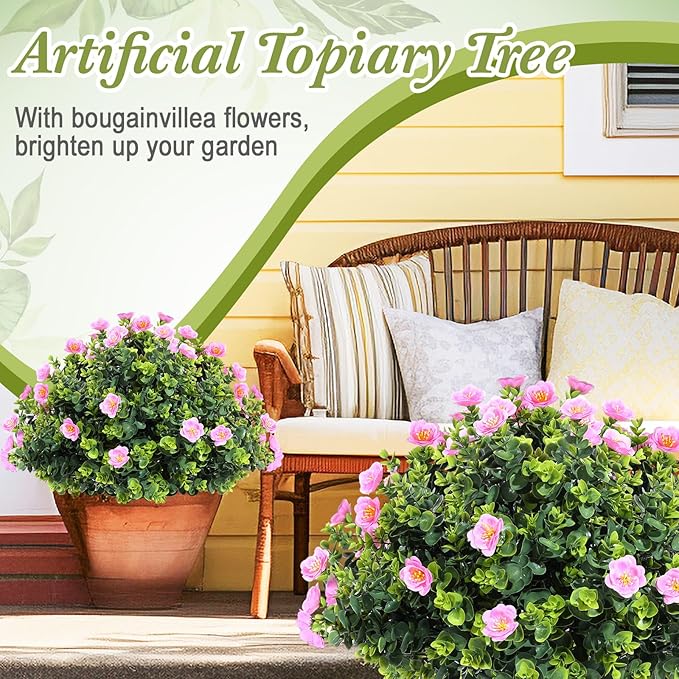 XunYee 4 Pcs 20" Artificial Topiary Ball Trees, Outdoor Artificial Shrubs Faux Bushes UV Resistance Greenery Fake Plants Tree with Ground Spike for Garden Porch Patio Indoor Decoration (Pink Flower)